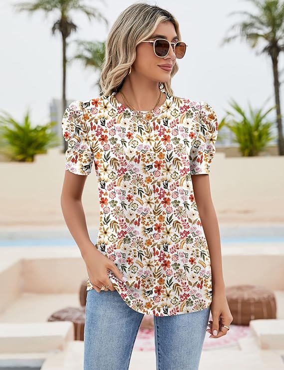 Ivicoer Puff Short Sleeve Shirt for Women Eyelet Tops Summer Crewneck Blouse Loose Fit stumbit